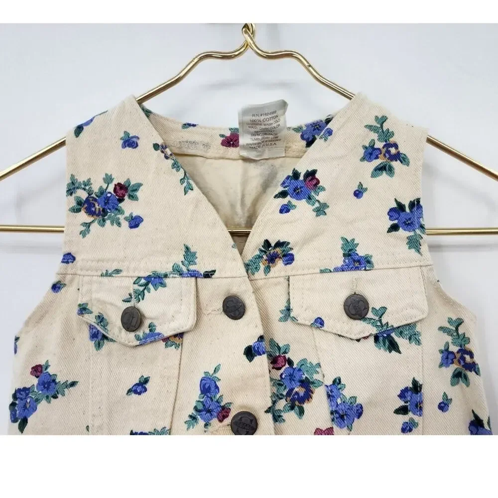 Vintage‎ Girls White Denim Floral Sleeveless Vest Size 4 Made In U.S.A.